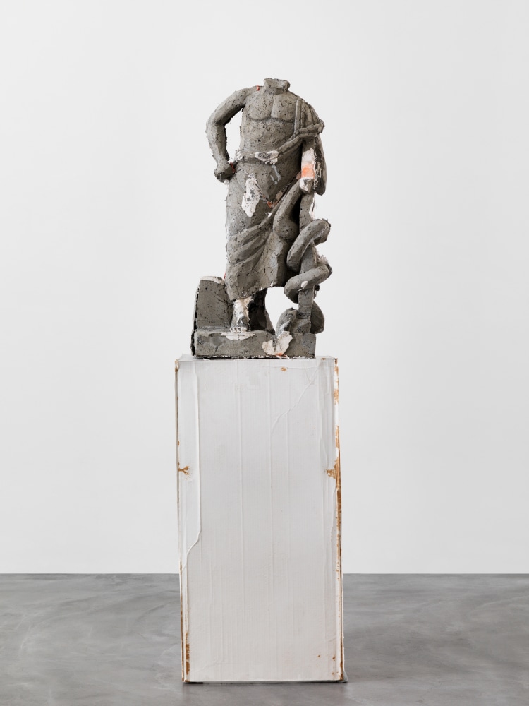 Indoor view of Justin Matherly sculpture, It’s ok to limp 2016 GFRC, GFRG, modified ambulatory equipment, spray paint, paracord (sunrise camouflage) 209.5 x 55.5 x 72 cm / 82 1/2 x 21 7/8 x 28 3/8 in