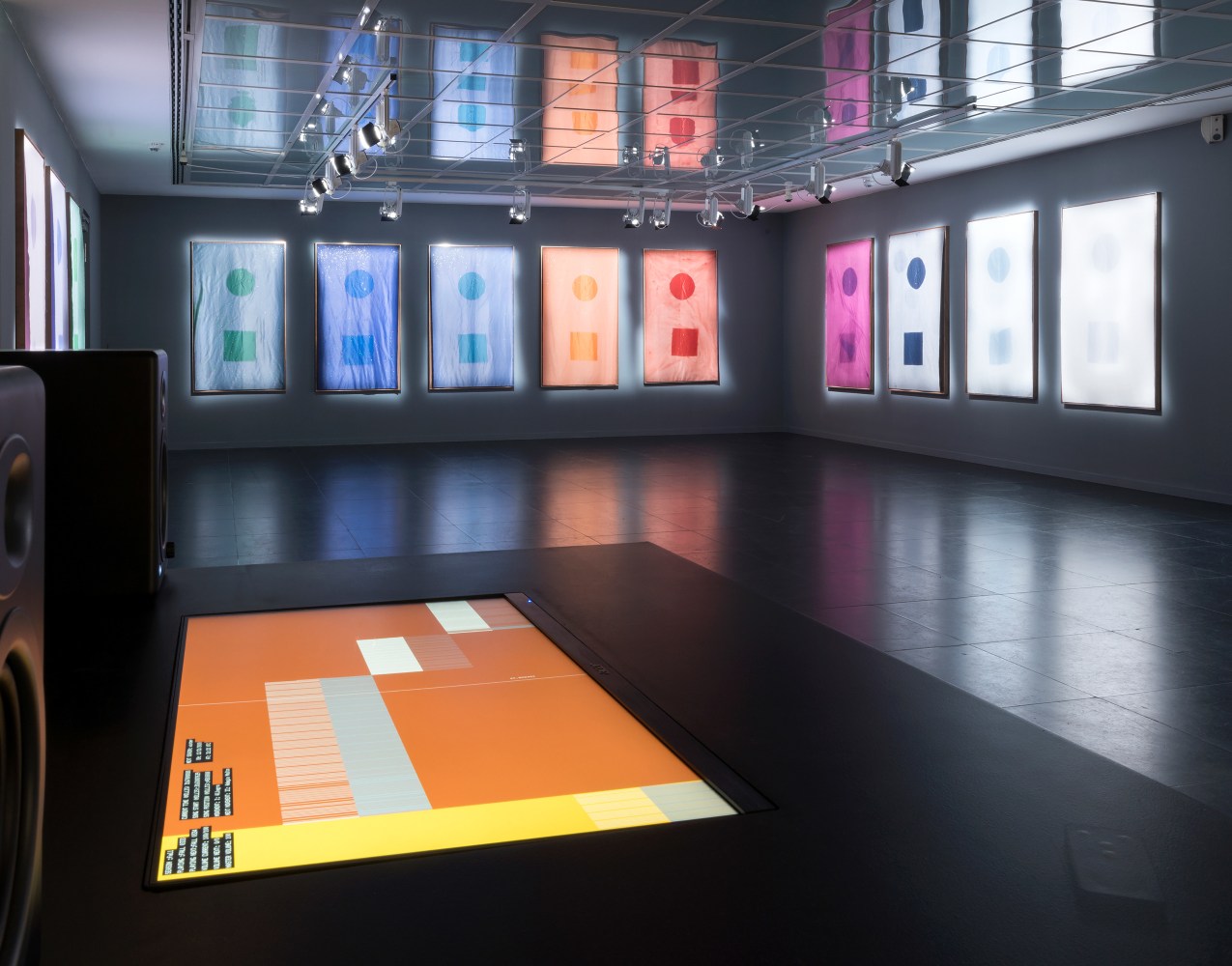 Installation view of paintings by Sam Falls