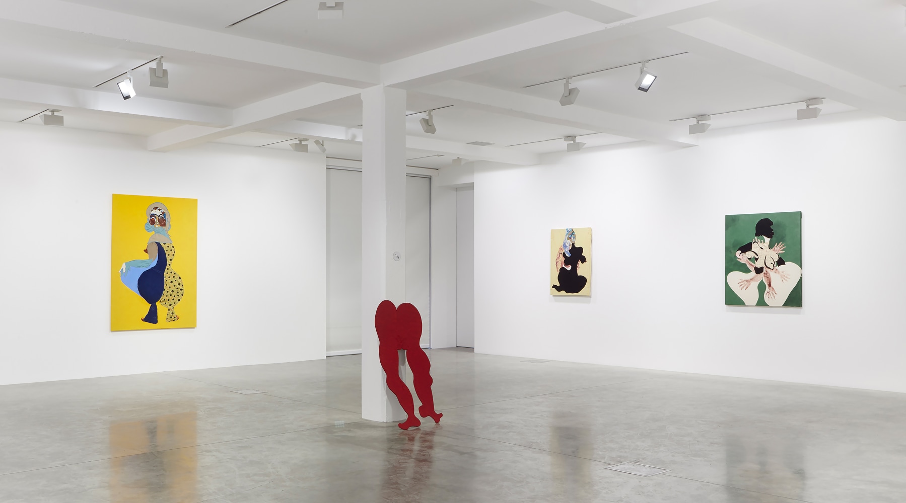 Installation view of paintings and sculptures by Tschabalala Self