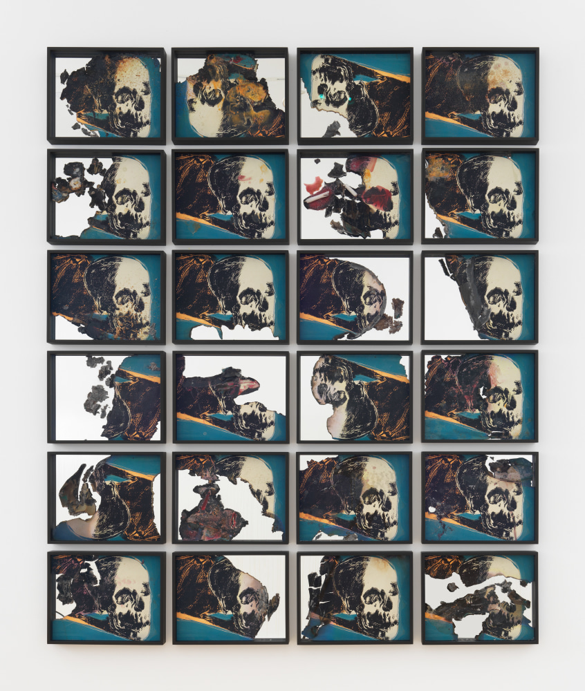 Douglas Gordon Self Portrait of You + Me (Neighborly Love) 2019 Burned print, smoke and mirror; framed 24 parts, each 31 x 39 x 4 cm / 12 1/4 x 15 3/8 x 1 5/8 in Total dims. 201 x 166 x 4 cm / 79 1/8 x 65 3/8 x 1 5/8 in