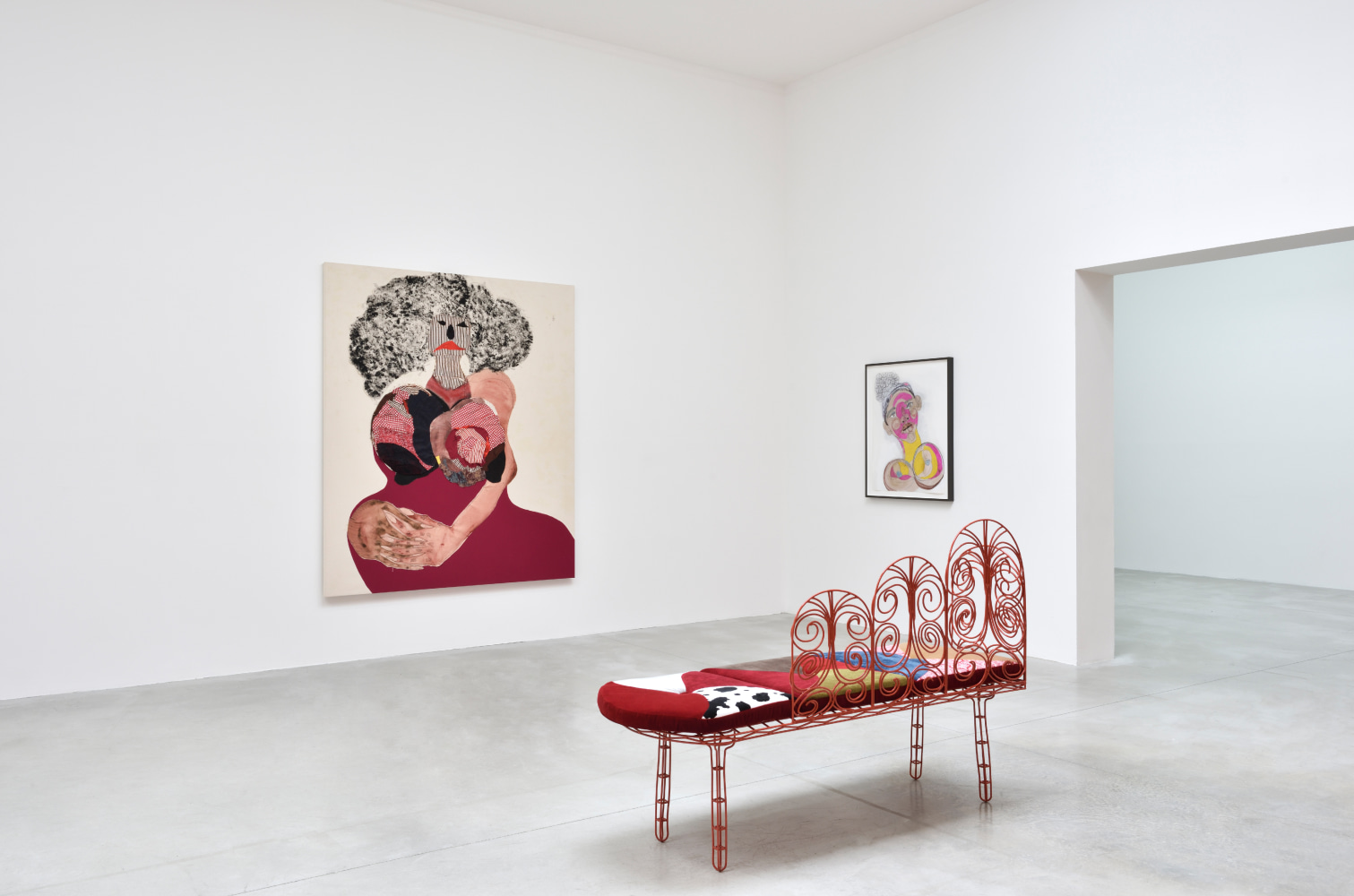 Installation view of paintings and furniture works by Tschabalala Self