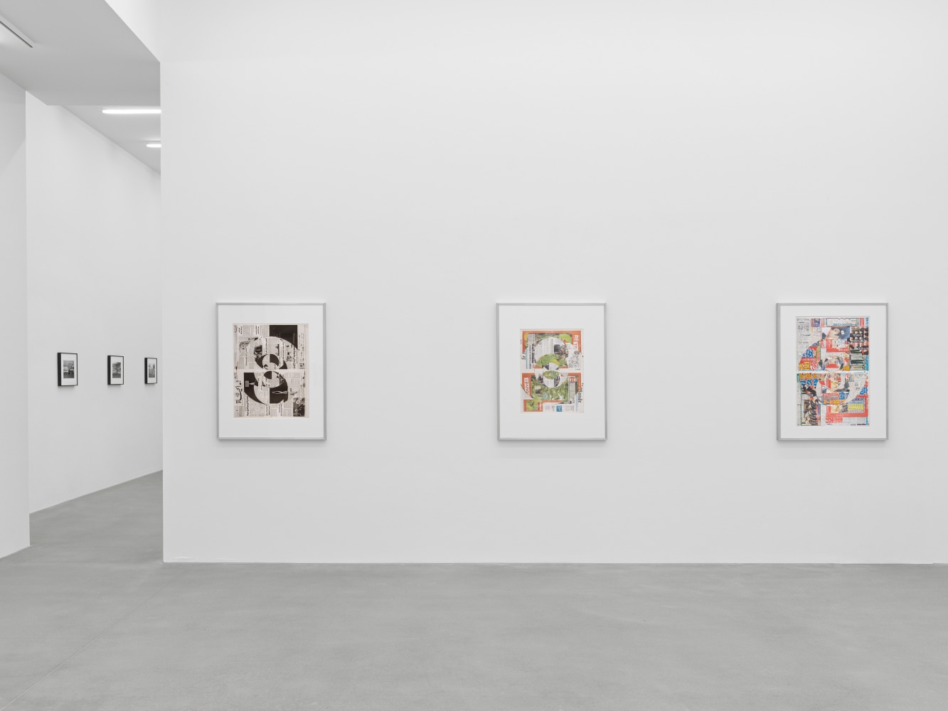 Installation view of Walead Beshty collage, photography, and sculpture exhibition