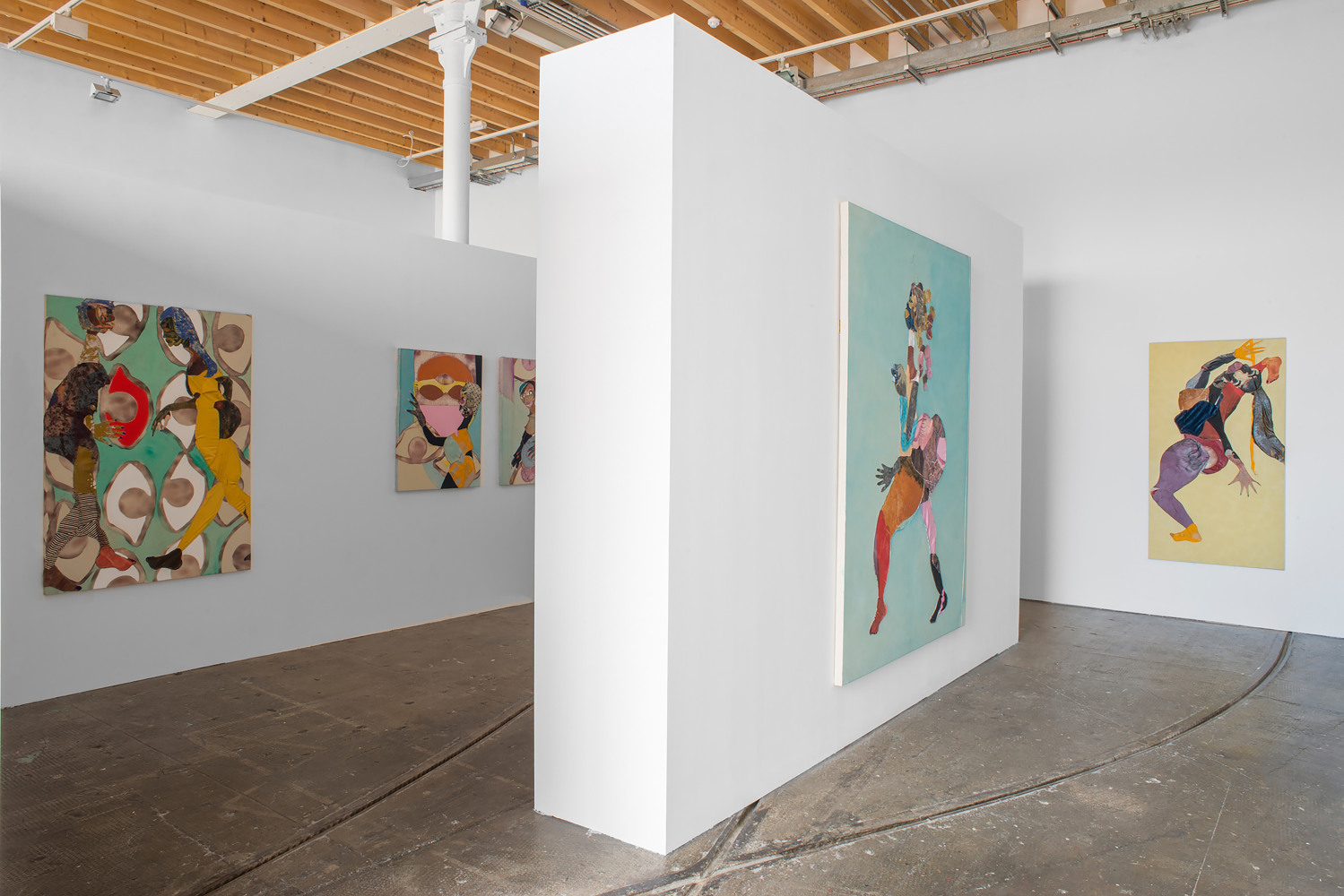 Installation view of paintings by Tschabalala Self