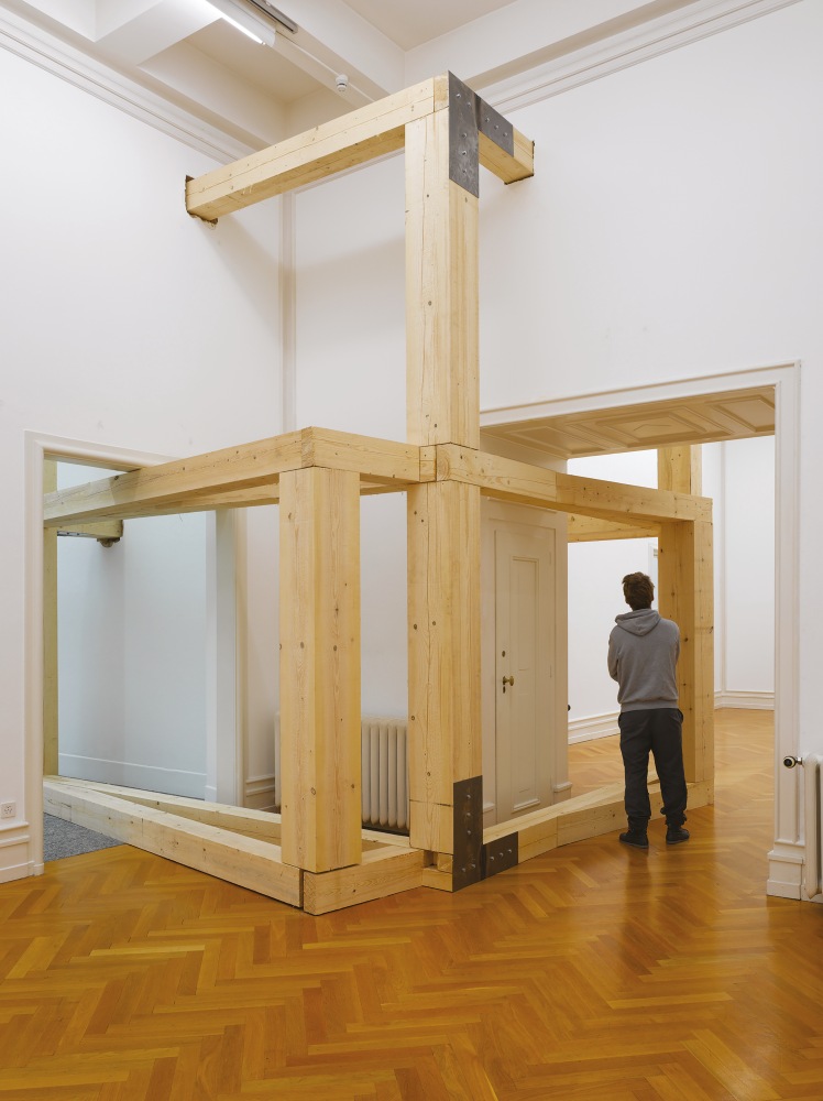 Installation view of sculpture by Oscar Tuazon