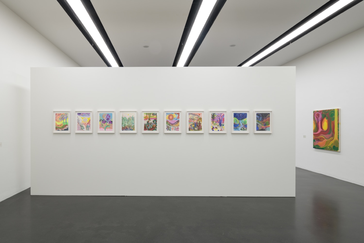installation view of colorful paintings by Shara Hughes