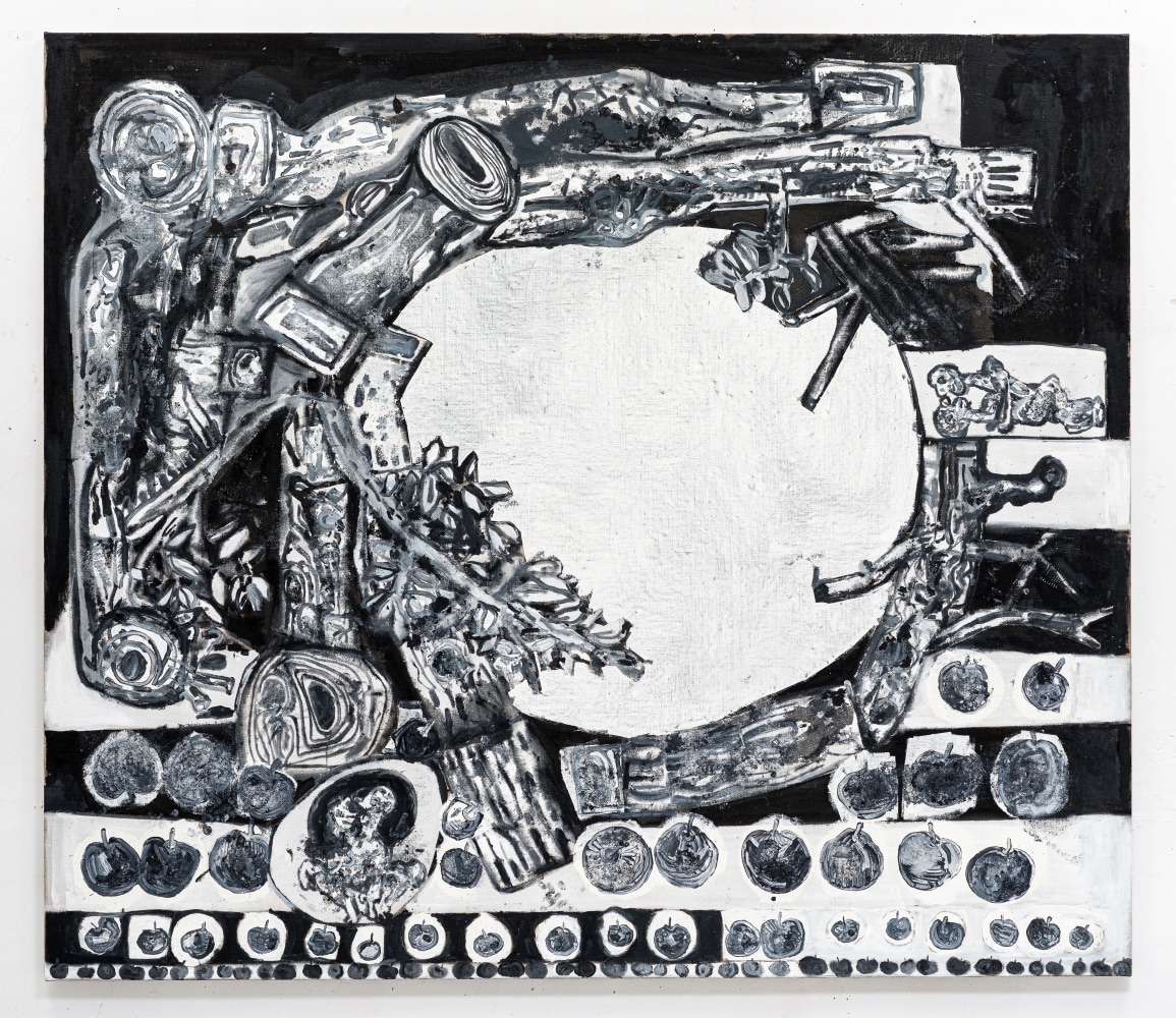 Black, white, grey painting by Tobias Pils, Lovers (sun in the woods) 2019 Acrylic and oil on canvas 201 x 231 x 4 cm / 79 1/8 x 91 x 1 5/8 in