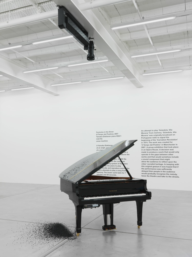 Installation by Liam Gillick, Factories In The Snow (Il Tempo Del Postino) 2007 Yamaha digital piano, midi file, snow machine, artificial black snow Dimensions variable 7:24 min