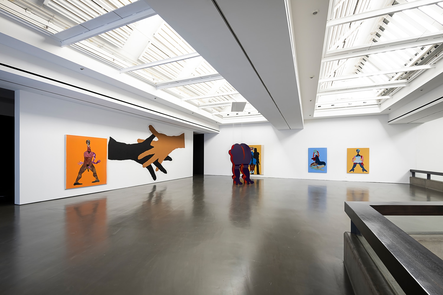 Installation view of paintings and sculptures by Tschabalala Self