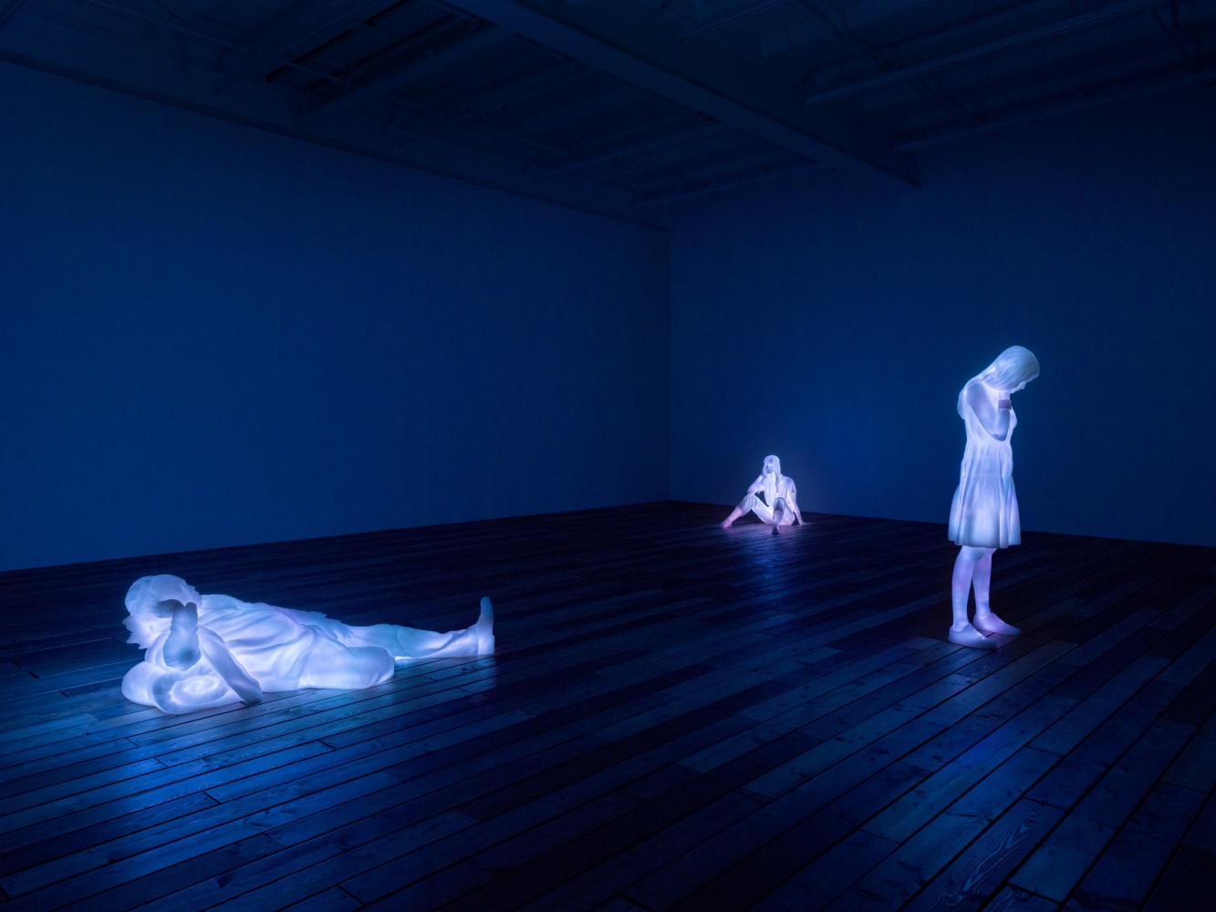 Installation view of Doug Aitken video and sculpture exhibition