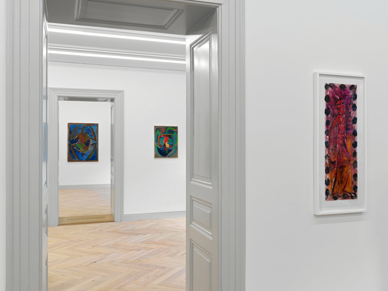 Installation view of Josh Smith paintings, monotypes, and ceramics exhibition