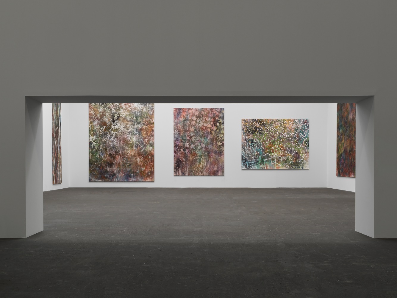 Installation view of paintings by Sam Falls