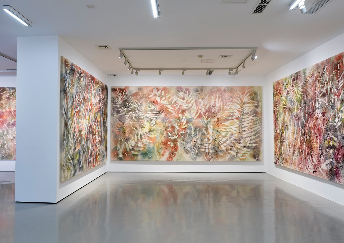 Installation view of paintings by Sam Falls