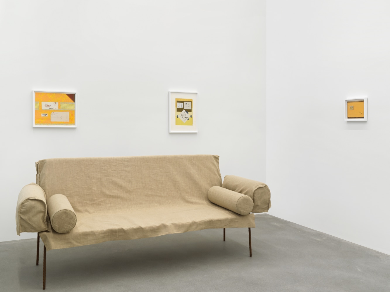 Installation view of Sue Williams painting and collage exhibition