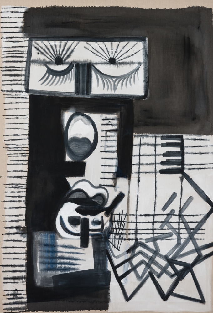 Black, white, grey painting by Tobias Pils, Marfa (two) 2016 Mixed media on canvas 294 x 202 cm / 115 3/4 x 79 1/2 in