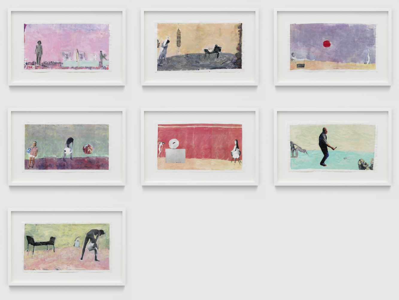 Ohne Titel (Serie f&amp;uuml;r Parkett No. 37)

1990
Collage on painted color copies; 7 parts
Sheet, each 28 x 49.5 cm / 11 x 19 1/2 in
Frame, each 42.5 x 64.5 x 3.5 cm / 16 3/4 x 25 3/8 x 1 3/8 in

&amp;copy; Archiv Franz West / Estate Franz West