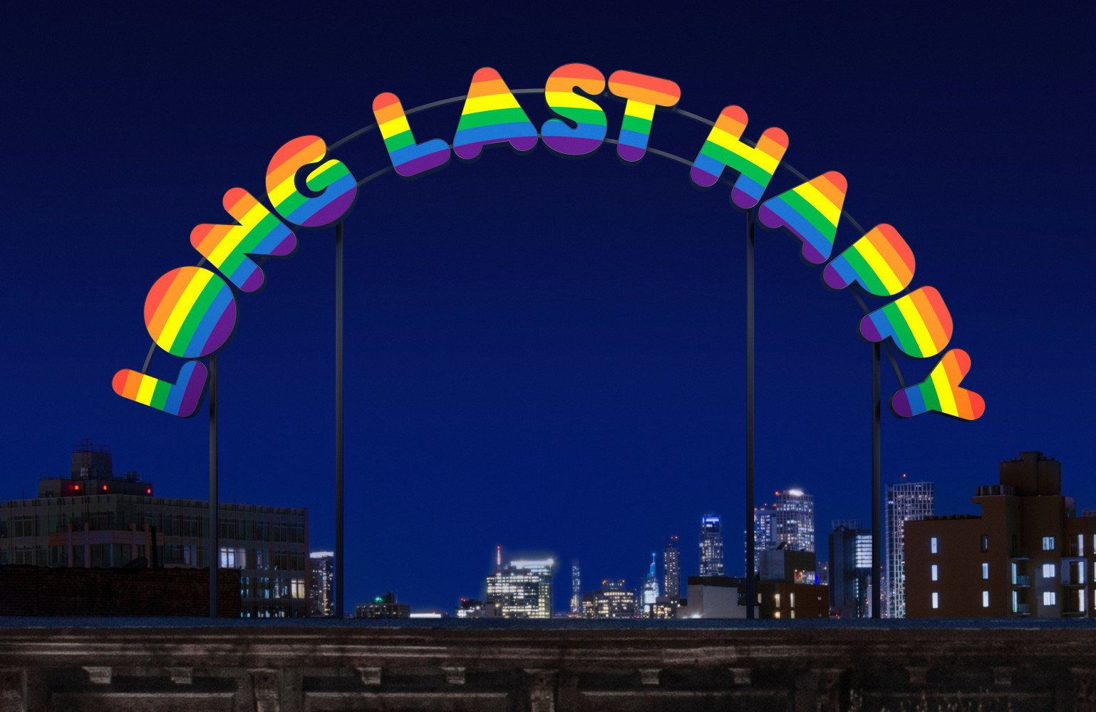 Neon sculpture by Ugo Rondinone, long last happy 2020 Neon, acrylic glass, translucent foil, aluminum 313 x 768 x 15 cm / 123 1/4 x 302 3/8 x 5 7/8 in