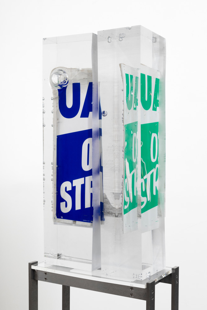 Riven

2024

Strike signs, polyurethane resin, steel, acrylic

Sculpture 81 x 33 x 20 cm / 31 7/8 x 13 x 7 7/8 in

Pedestal 101 x 47 x 25 cm / 39 3/4 x 18 1/2 x 9 7/8 in

&amp;copy; Matthew Angelo Harrison