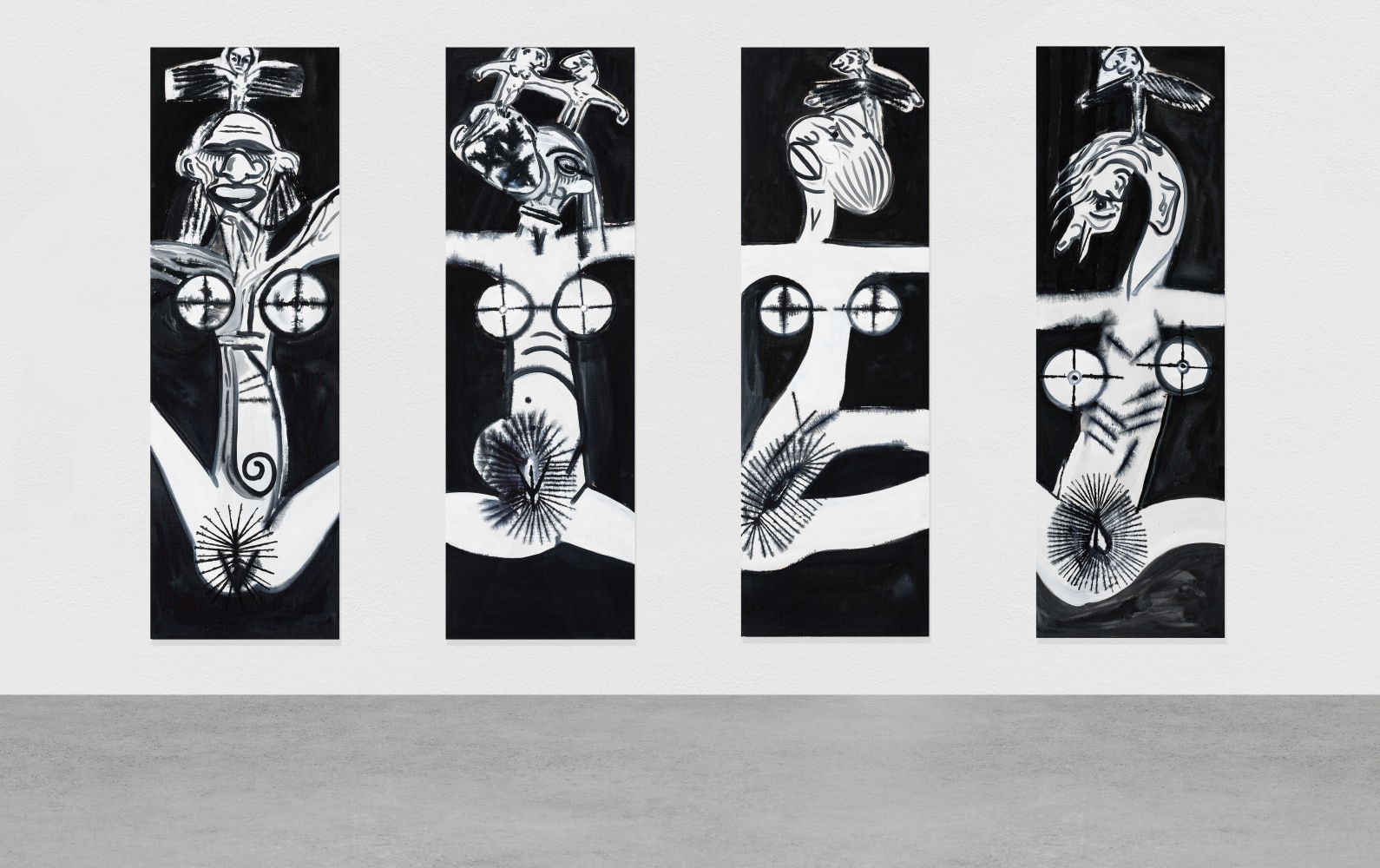 Four black, white, gray paintings by Tobias Pils, Target 1–4 2017 Mixed media on canvas Each 202 x 65 cm / 79 1/2 x 25 5/8 in