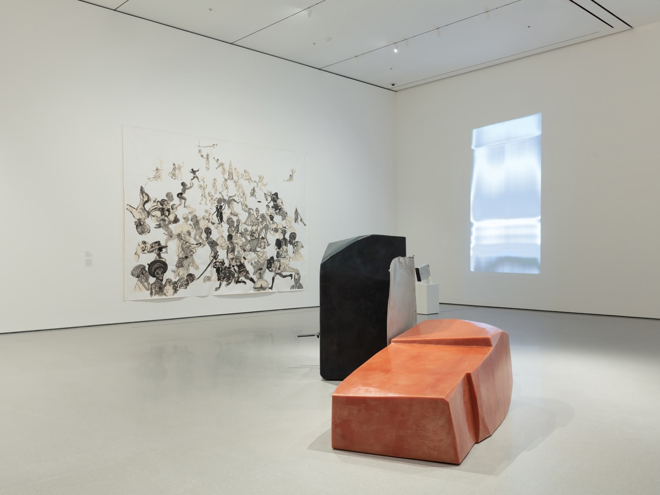 Installation view of video by Trisha Donnelly and works of other artists