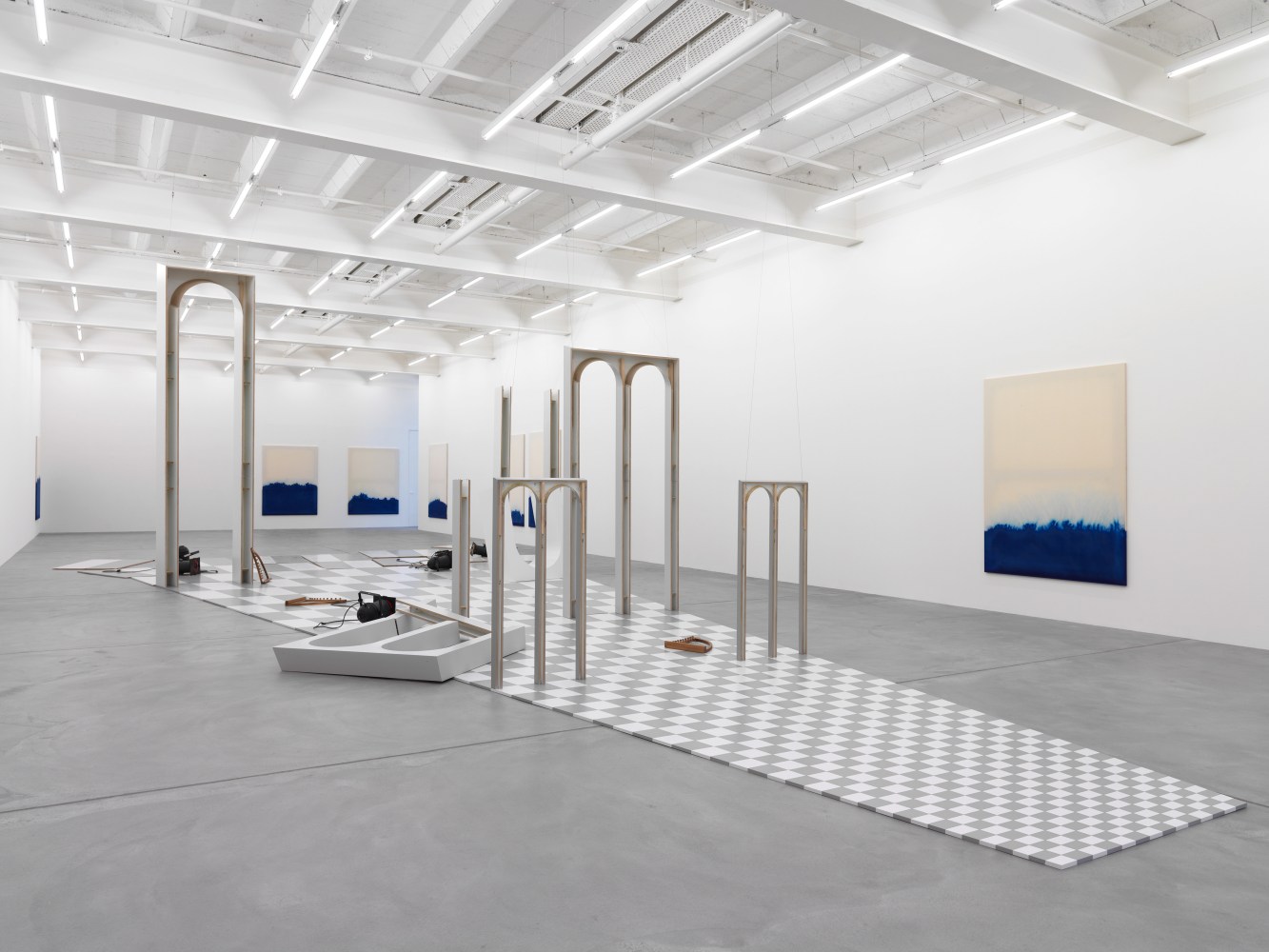 Installation view of paintings and sculptures by Latifa Echakhch