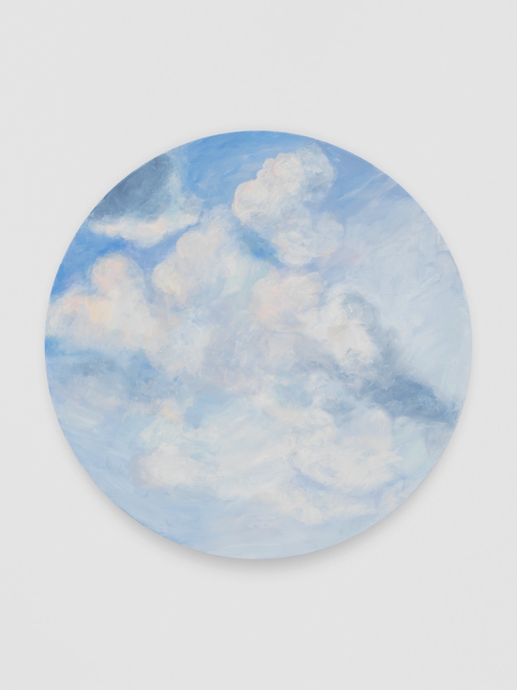 painting of white clouds on a light blue sky on a round canvas by Karen Kilimnik