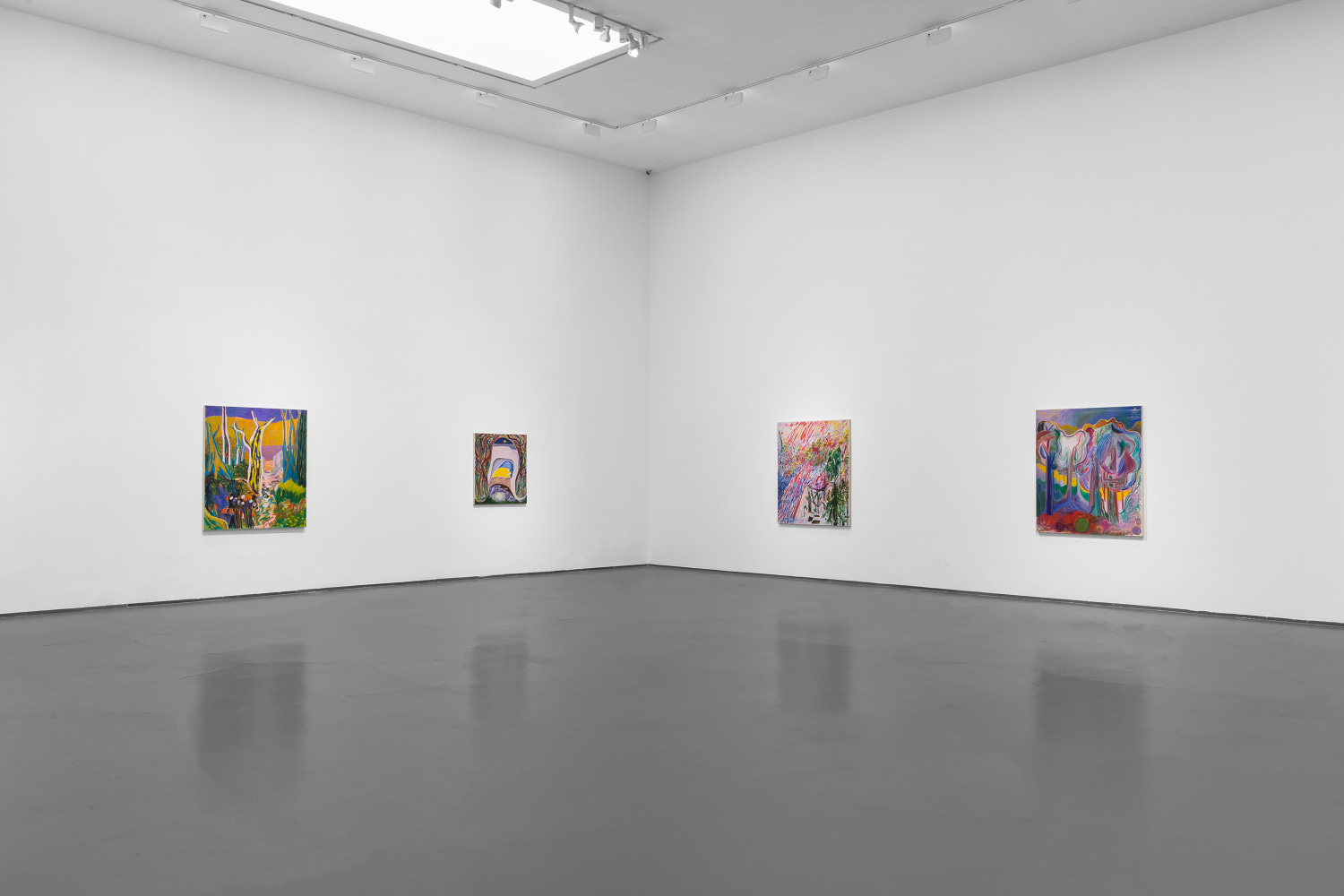 Installation view of paintings by Shara Hughes