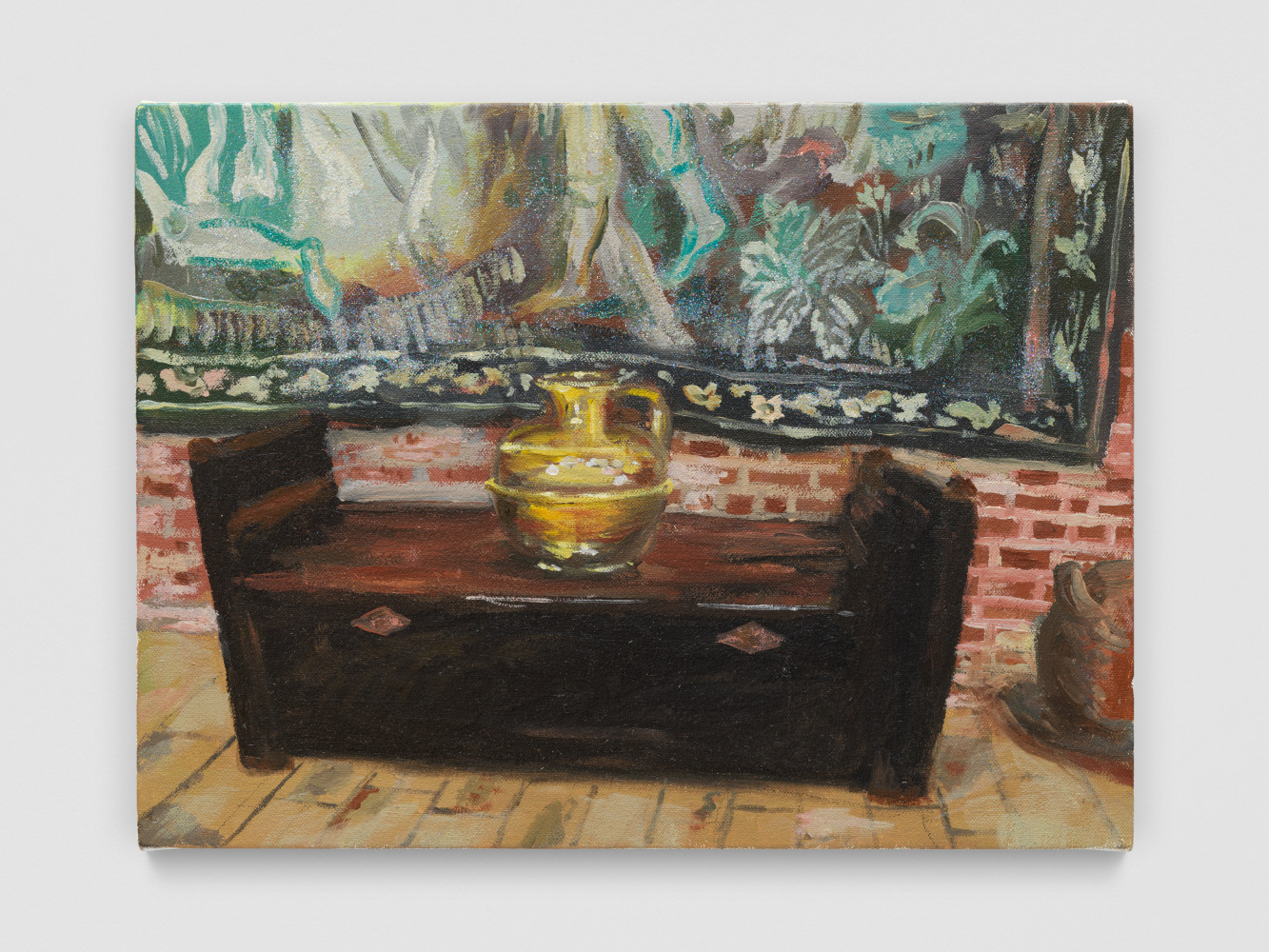 painting of an antique sideboard with a golden trophy on it by Karen Kilimnik