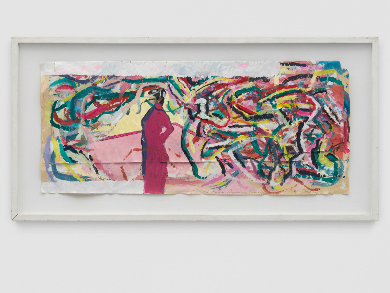 Hommage an die Herrin Rosemarie Schwarzw&amp;auml;lder

1983

Collage, gouache on newspaper

Sheet 32 x 73 cm / 12 5/8 x 28 3/4 in

Frame 44 x 88 x 3 cm / 17 3/8 x 34 5/8 x 1 1/8 in

&amp;copy; Archiv Franz West &amp;copy; Estate Franz West