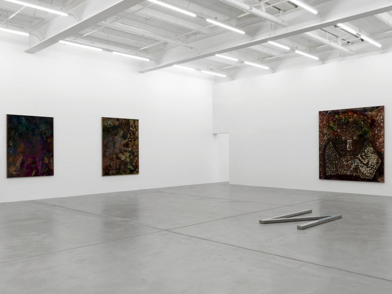 Installation view of Sam Falls paintings and sculptures exhibition