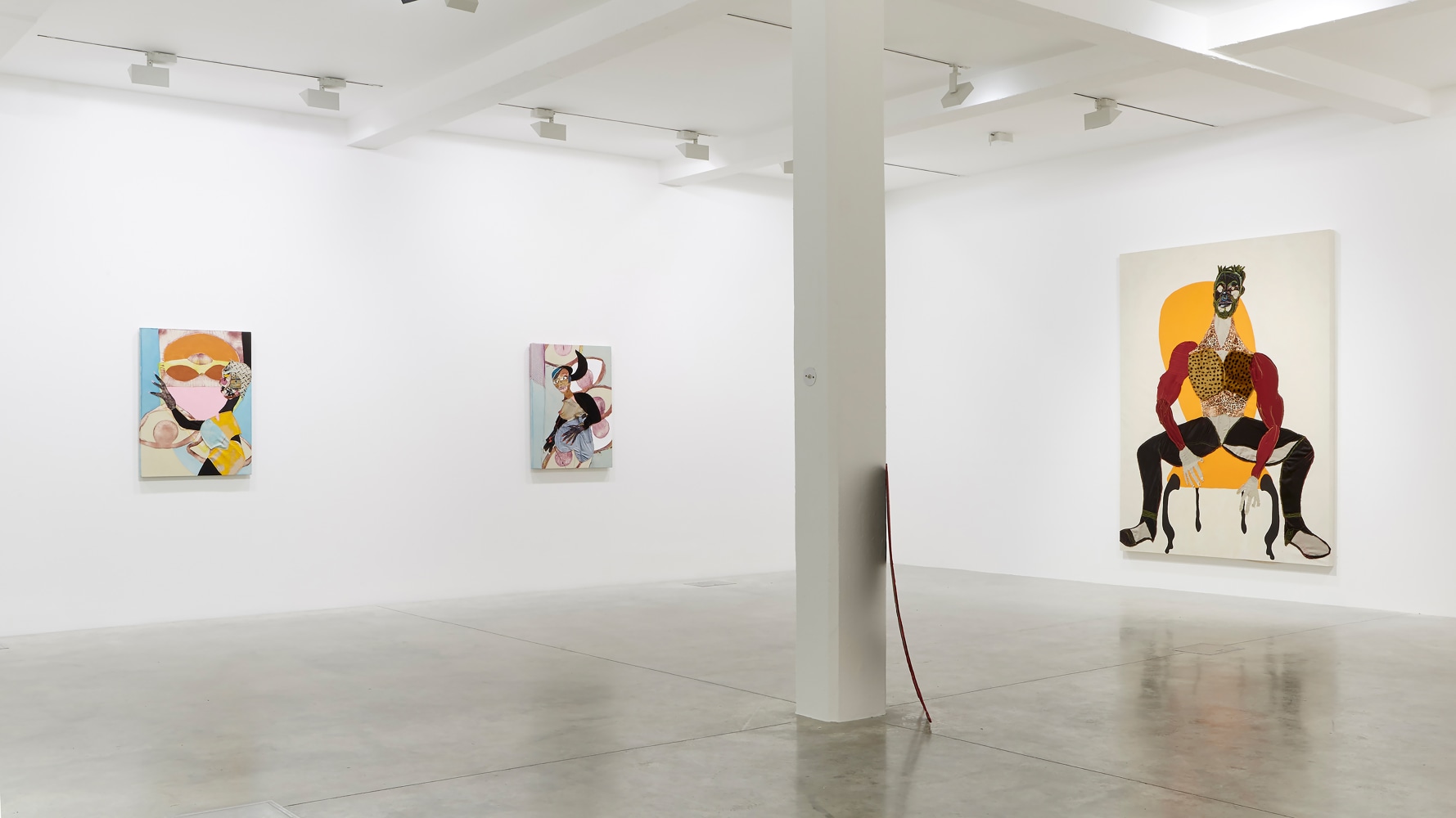 Installation view of paintings and sculptures by Tschabalala Self