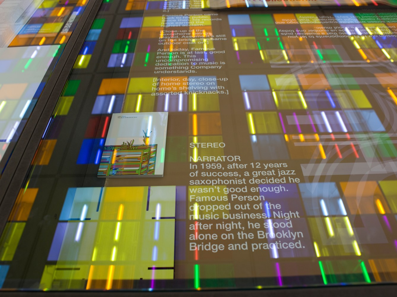 Installation view of sculptures and light installations by Liam Gillick