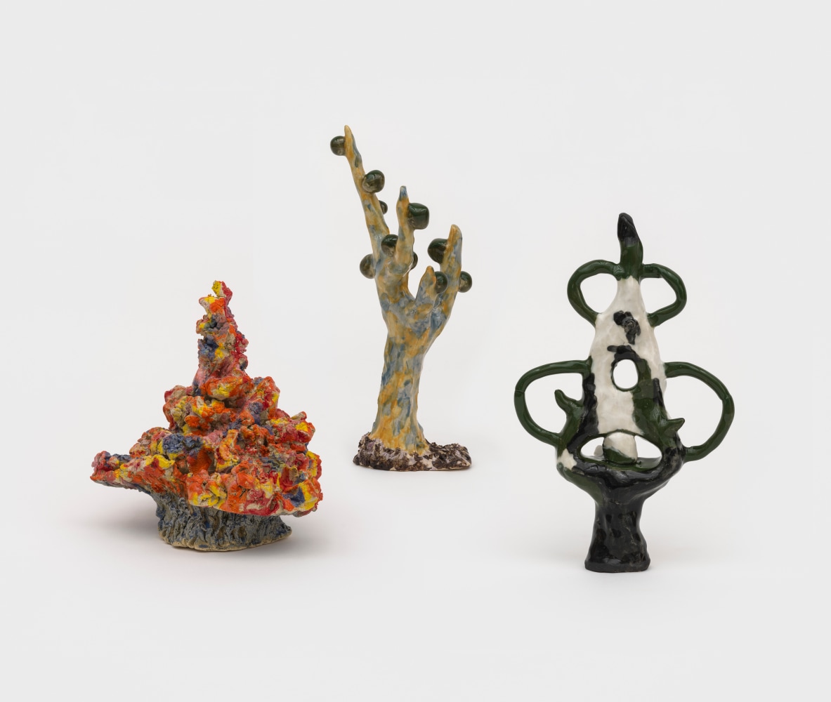 Tree Farm Group 7 

2024

Glazed and painted ceramics; 3 parts

Object A 16 x 10 x 8 cm / 6 1/4 x 3 7/8 x 3 1/8 in

Object B 26 x 8 x 5 cm / 10 1/4 x 3 1/8 x 2 in

Object C 22 x 10 x 6 cm / 8 5/8 x 3 7/8 x 2 3/8 in

&amp;copy; Shara Hughes