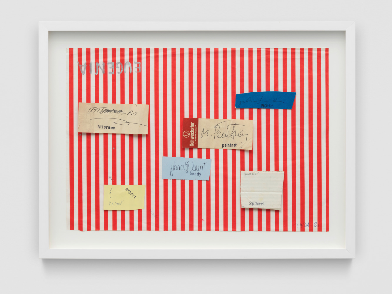 Ohne Titel

1981

Signatures of artist friends, collage on paper

Sheet 35 x 49 cm / 13 3/4 x 19 1/4 in

Frame 44.5 x 58.5 x 3.5 cm / 17 1/2 x 23 x 1 3/8 in

&amp;copy; Archiv Franz West &amp;copy; Estate Franz West