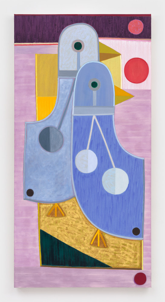 pink blue painting of birds by Austin Eddy