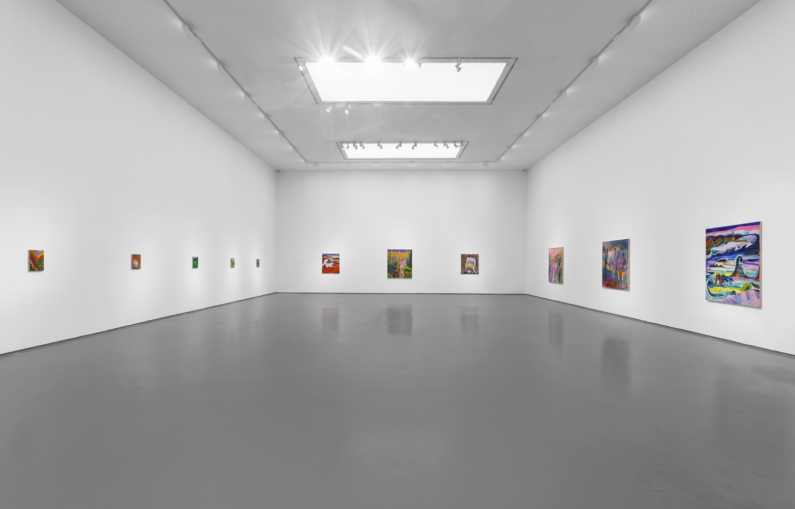 Installation view of paintings by Shara Hughes
