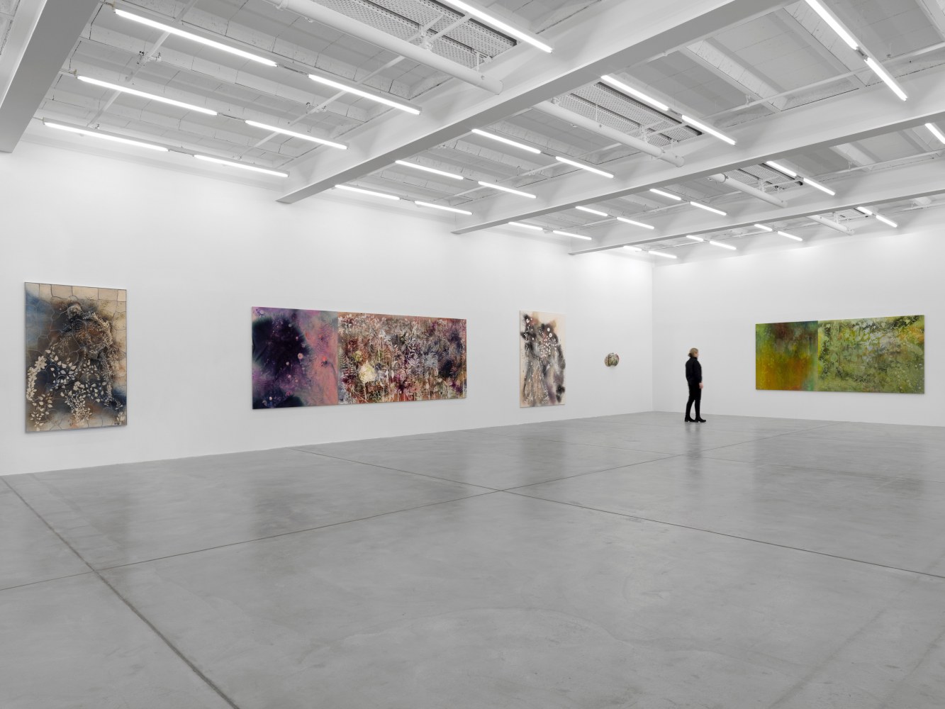 Installation view of Sam Falls paintings and ceramic reliefs exhibition