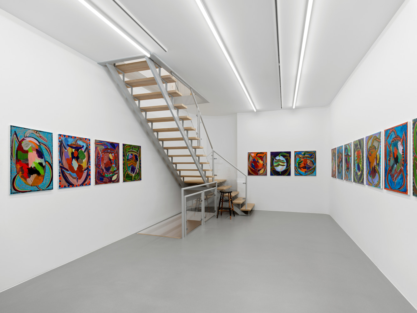 Installation view of Josh Smith paintings, monotypes, and ceramics exhibition