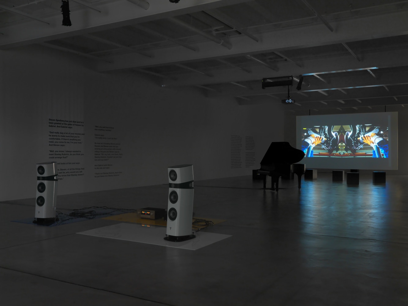 Installation view of Liam Gillick audio and film installation exhibition