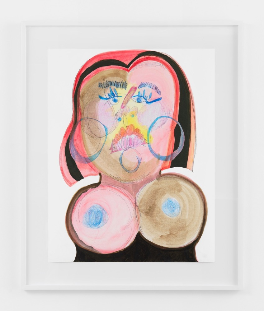 BLACK FACE WITH STREAKED WIG (RED AND BLACK)  2020  Colored pencil, acrylic paint, gouache, charcoal, graphite, on archival inkjet print  Unique  Sheet 91.5 x 71 cm / 36 x 28 inches  Frame 114.5 x 79.5 x 4 cm / 45 x 31 1/4 x 1 1/2 inches