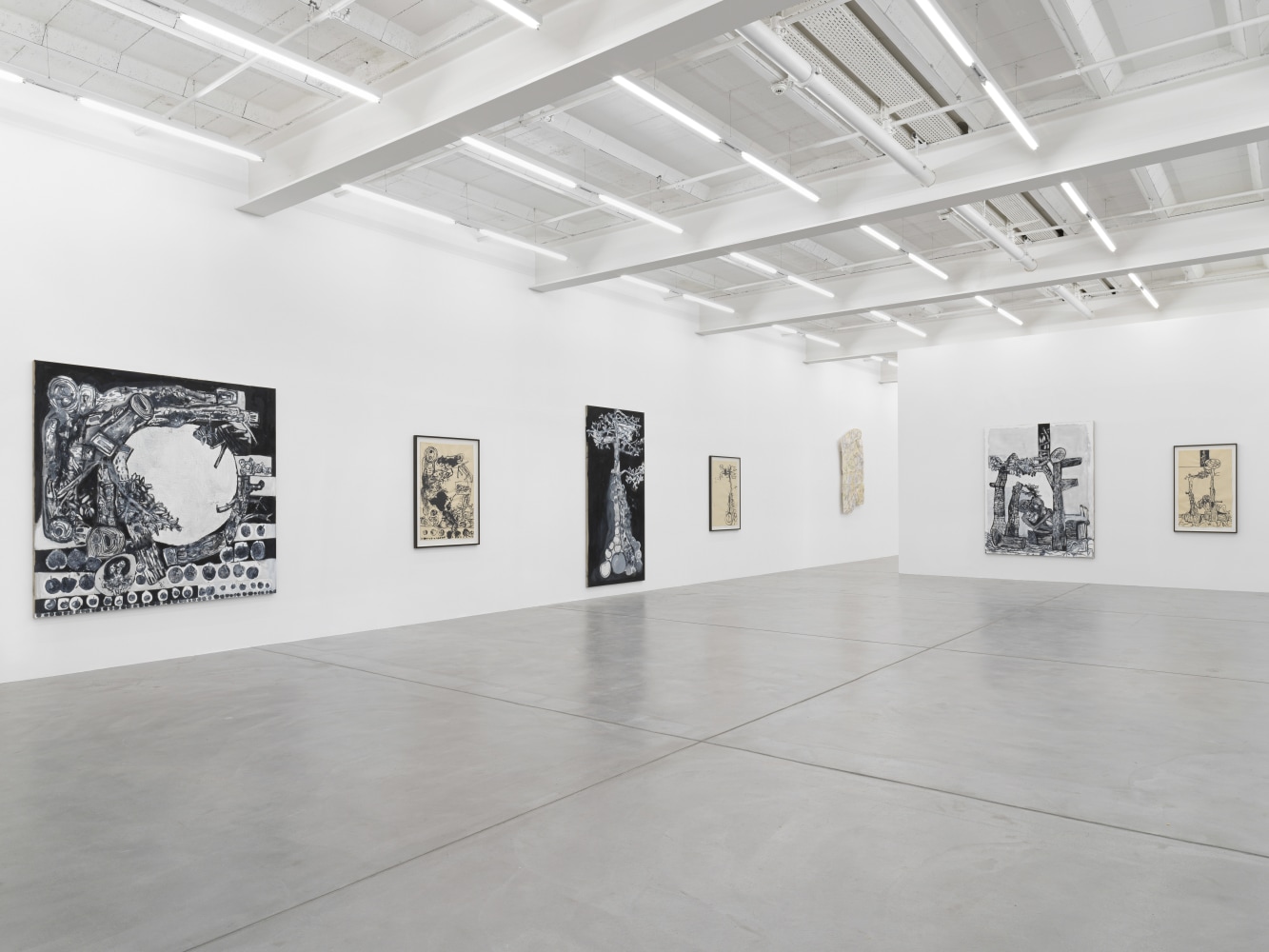 Installation view of Tobias Pils paintings and ink works on paper exhibition