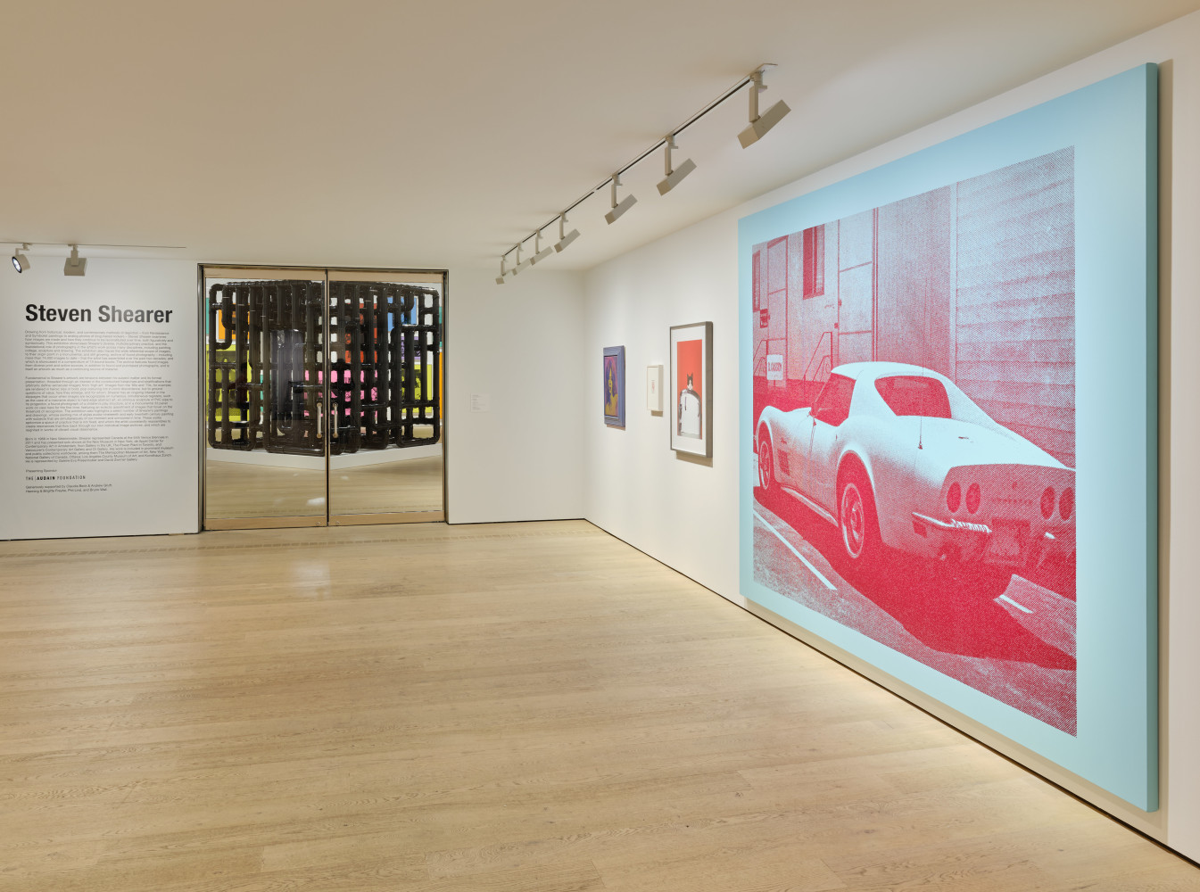 Installation view of sculptures, screen prints, paintings and drawings by Steven Shearer