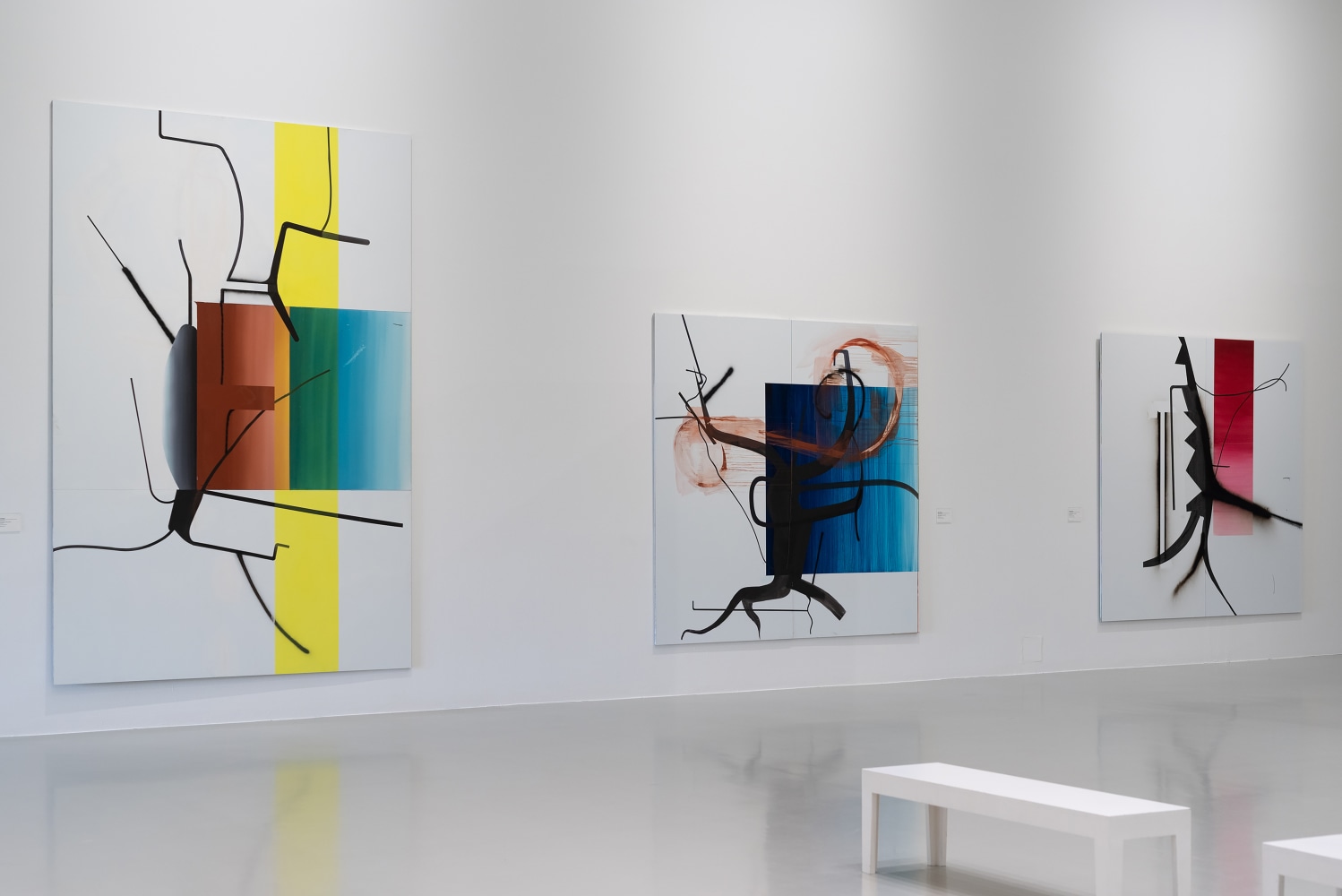 Installation view of paintings by Albert Oehlen and Carroll Dunham