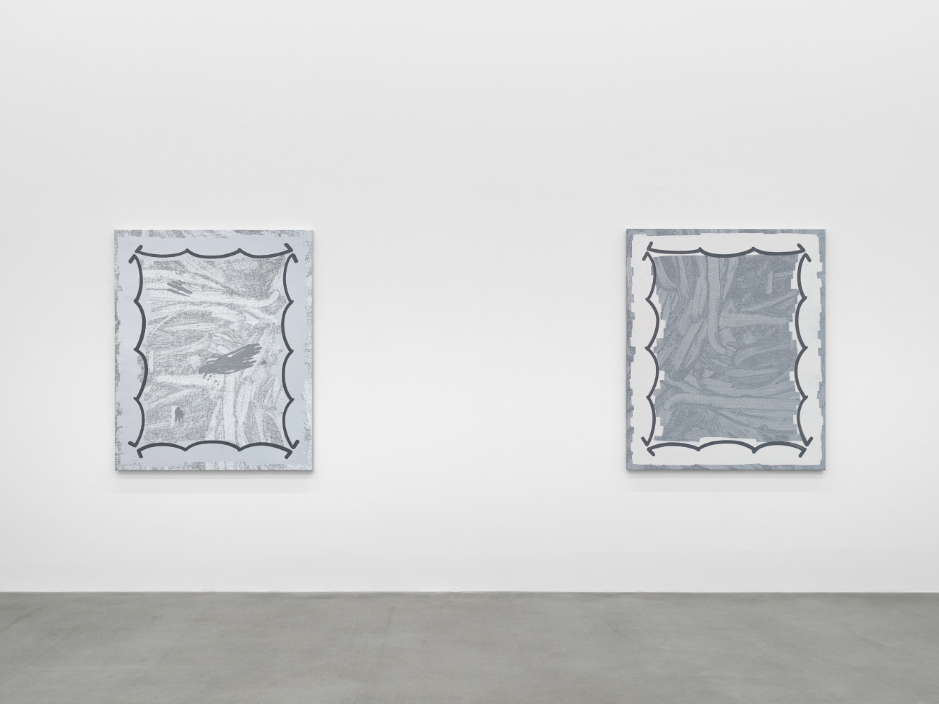 installation view of grayscale paintings by Amy Feldman