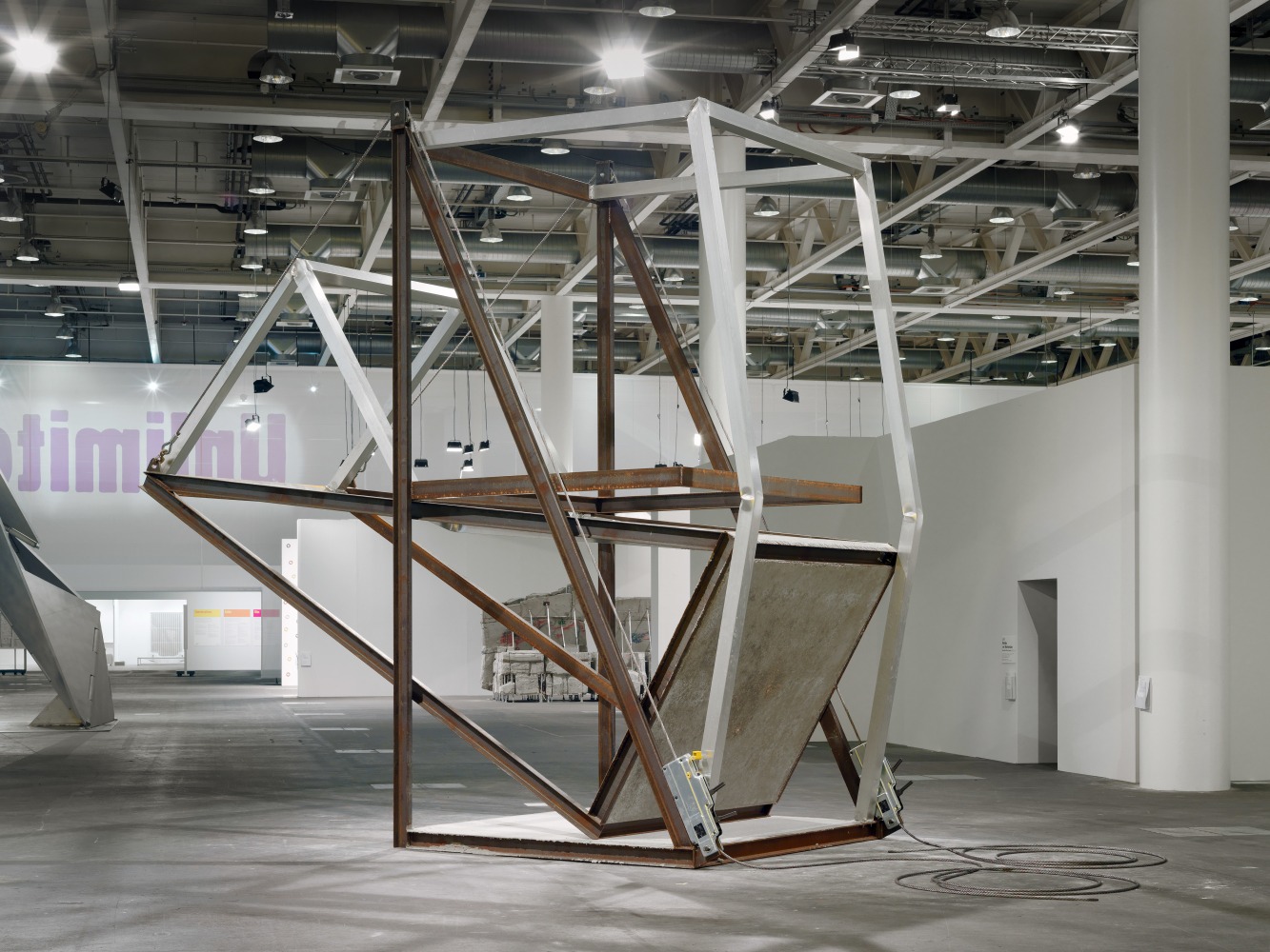 Installation view of sculpture by Oscar Tuazon