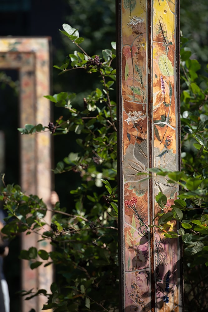 Installation view of outdoor sculptures by Sam Falls