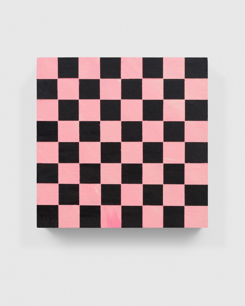 checkerboard painting in pink and black by Sarah Ortmeyer
