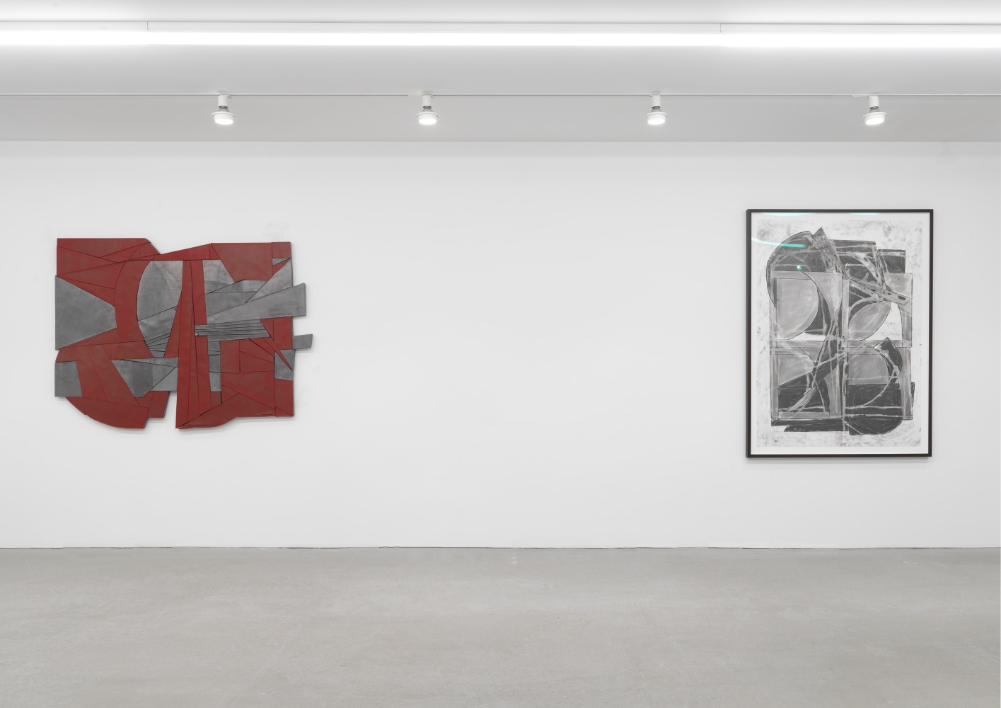 Installation view of Wyatt Kahn wall reliefs and works on paper