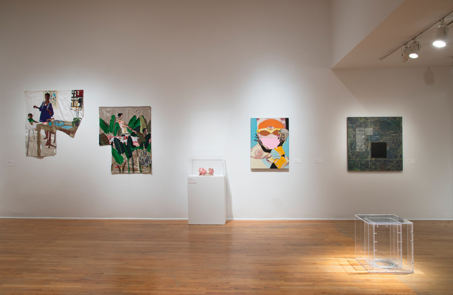 Installation view of painting by Tschabalala Self and works of other artists