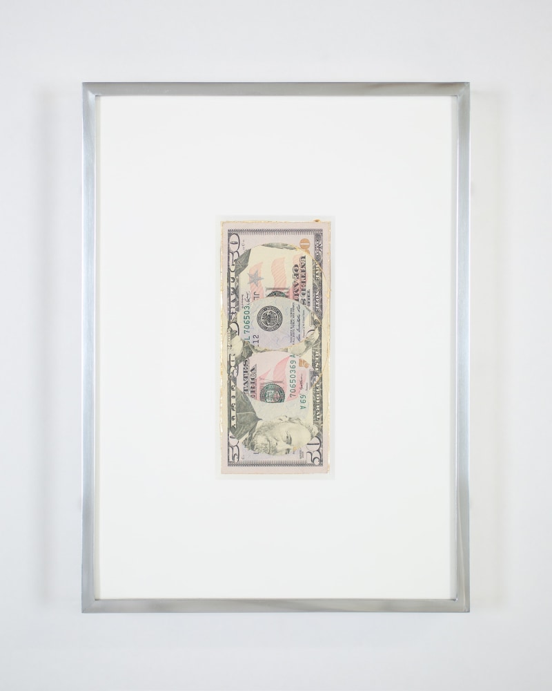 Blind Collage (Three 180&amp;deg; Rotations, United States Federal Reserve Fifty-Dollar Note: Series 2009, Issued by Federal Reserve Bank of San Francisco, California, Printed in Fort Worth, Texas, Plate Position C1, Front Plate No. 32, Back Plate No. 22, Serial No. JL70650369A, #2) 
2021
United States Federal Reserve fifty-dollar bill, tape, and 22 karat gold leaf
Object 6.5 x 15.5 cm / 2 5/8 x 6 1/8 inches
Frame 24 x 32.5 cm / 9 1/2 x 12 7/8 inches
BESHT48258

&amp;nbsp;