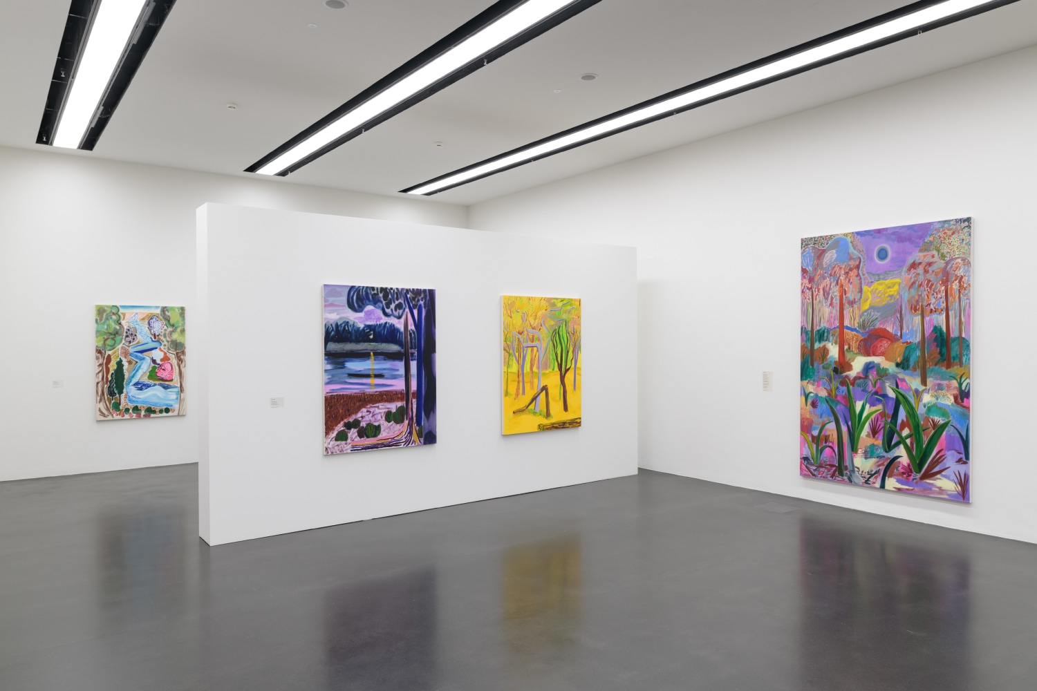installation view of colorful paintings by Shara Hughes